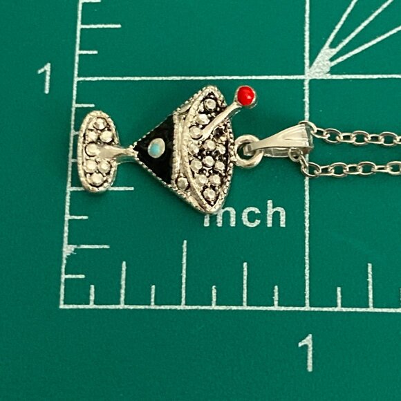 Martini Cocktail Drink Cup Glass Charm Necklace Pendant Black Enamel 18" Chain - Picture 9 of 9